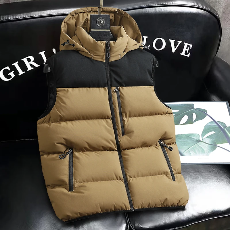 Autumn Winter New Hooded Vests for Men Windproof Warm Cotton Waistcoat Solid Color Zipper Sleeveless Jackets Casual All-match