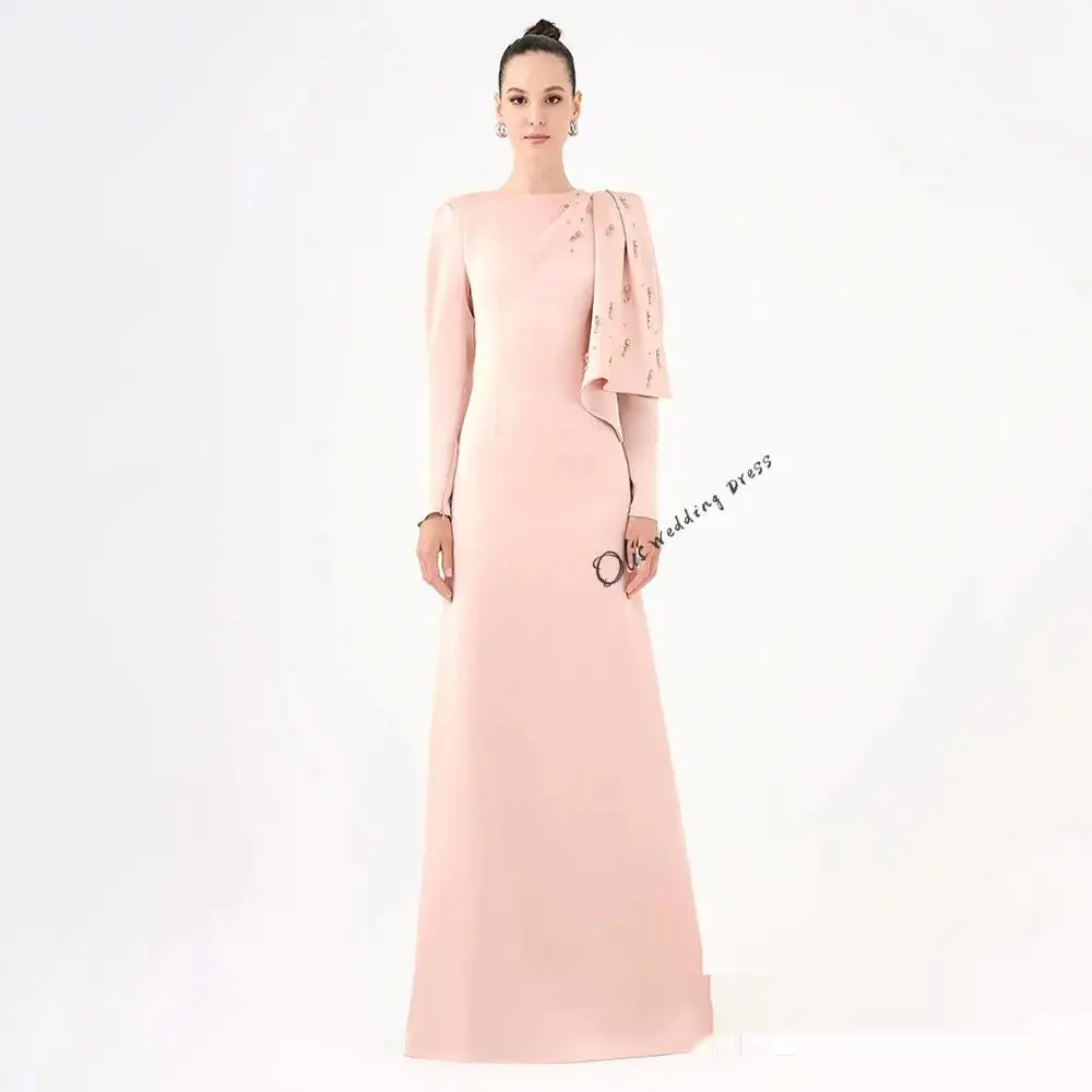 customized Dress Saudi Arabian Party Dresses Round Neck Full Sleeves Stones Beadings Satin Formal Evening Gown Robe De Soiree