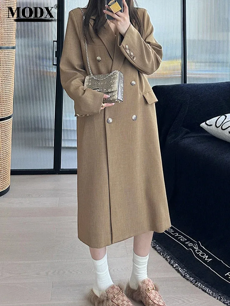 

[MODX] Khaki Button Pockets Casual Blazer Women New Lapel Long Sleeve Loose Fit Jacket Fashion Tide Spring Autumn 2024