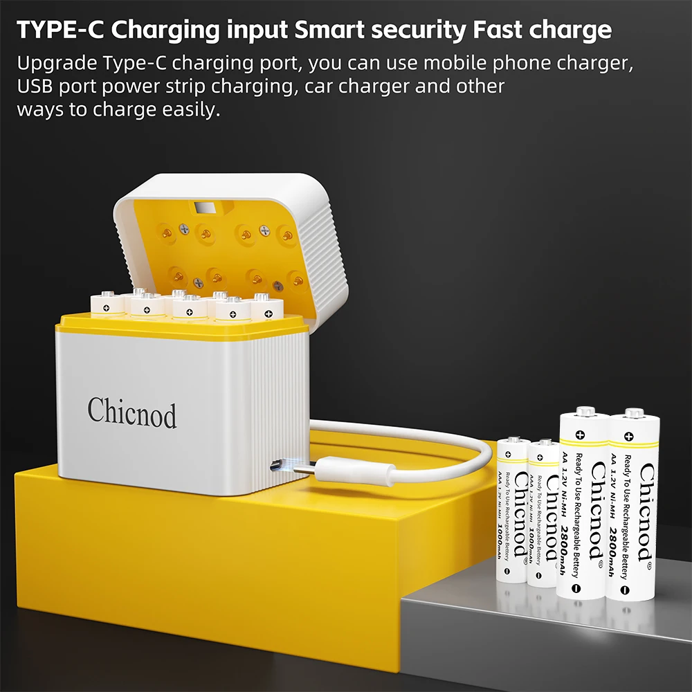 

CHICNOD 1.2V AA /AAA Ni-MH Battery+Charger 1000mAh/2800mAh Fast Charging Rechargeable Battery for Remote Control Mouse SmartDoor