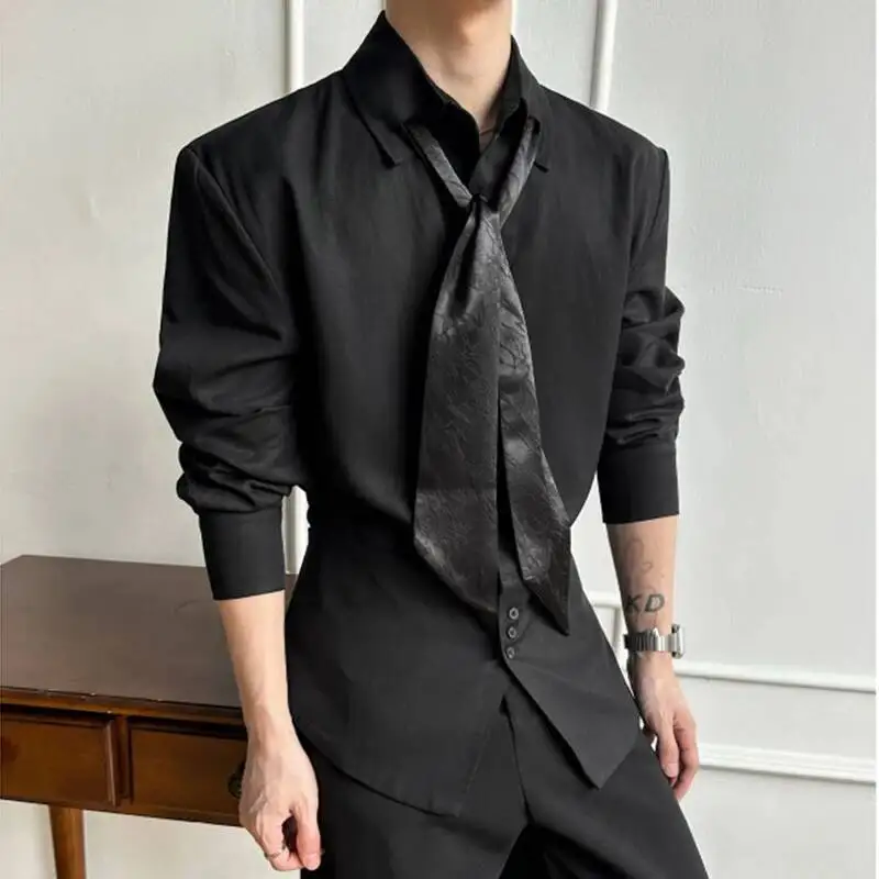 Long Sleeve Edgy Men's Shirt Satin Tie Detail Waist Cinched Long Sleeve Slim Fit Formal Premium Black Blouse Top T0FI