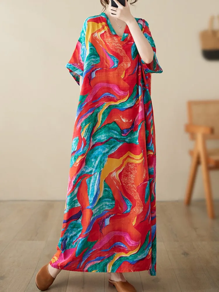 Robe longue plissée à imprimé graffiti pour femmes, robes à col en V, manches courtes, décontracté, été