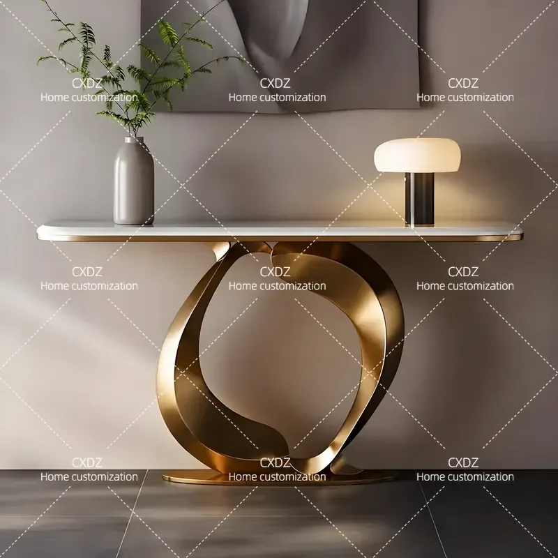 Modern Minimalist Rock Slab Entrance Table Stainless Steel Art Console for Hallway Decor Luxury Entryway Platform Furniture