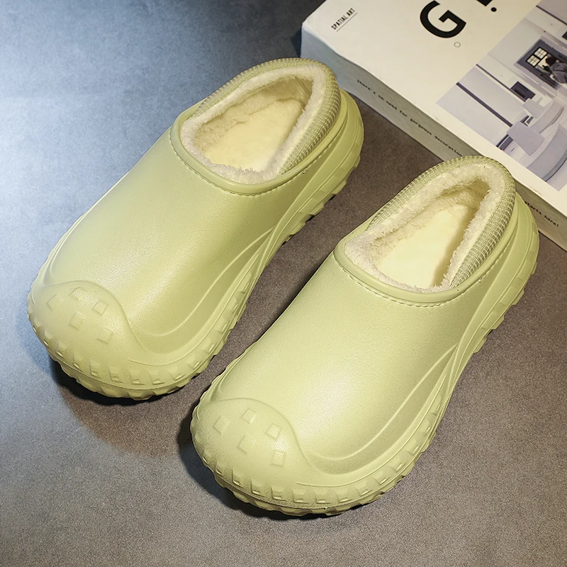Men\'s Home Clogs 2023 New Winter Garden Clog Plush Warm Lining Waterproof Woman House Warm Shoes High Quality Anti-Slip Green