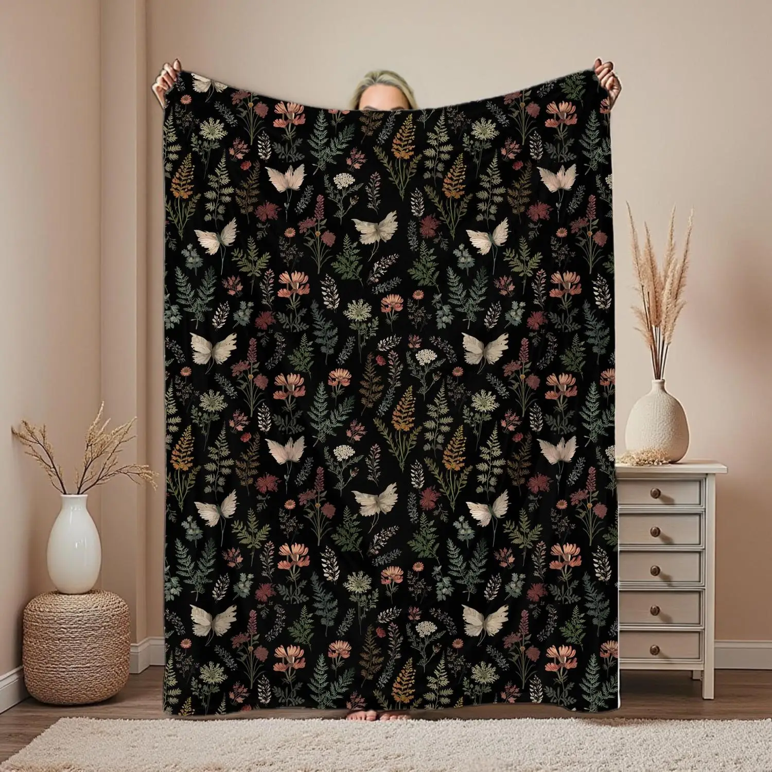 [Flannel Blanket] Dark Pastoral Style Blanket, Bohemian Wildflower Bedspread, Dark Academy Style Bedding