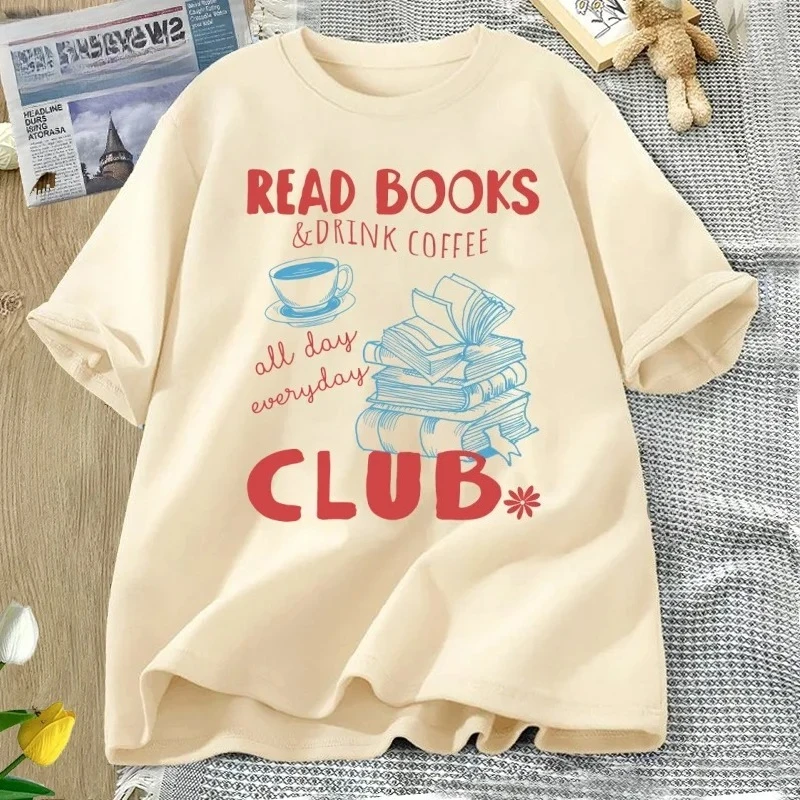 Reading Book and Coffee Club T-shirt Women Casual Short Sleeve Tshirt Clothing Vintage Bookish Tops Graphic Aesthetic Clothes