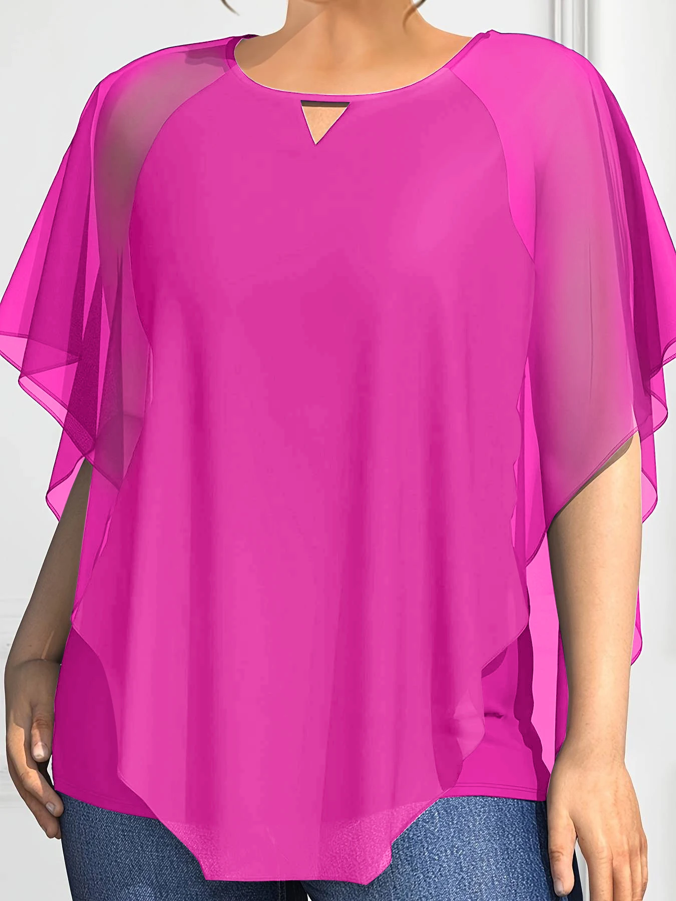 Blusa de gasa de talla grande para mujer, Top holgado con cuello redondo y manga de murciélago, ropa informal para verano, 2024