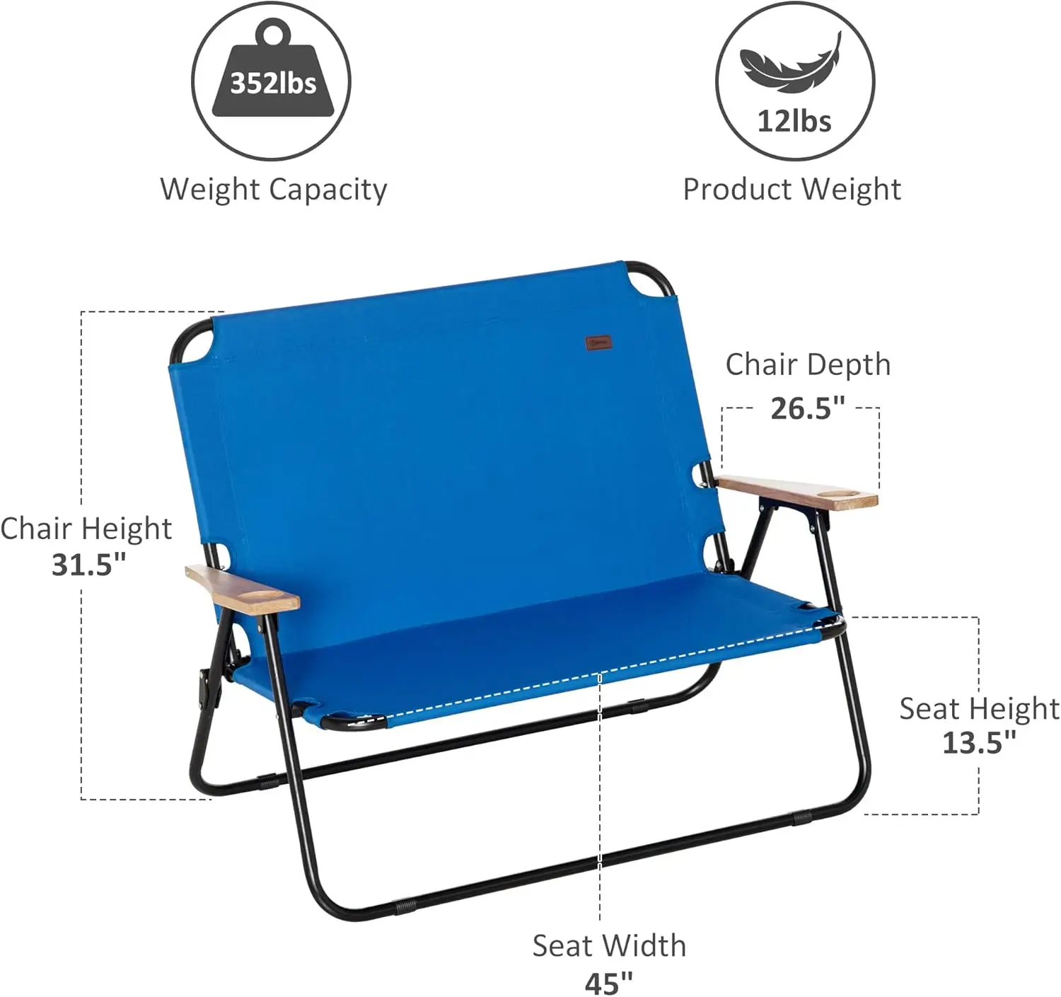 Chaise de camping double pliante, causeuse pour 2 adultes, canapé de camping portable avec accoudoir en bois et mancommuniste