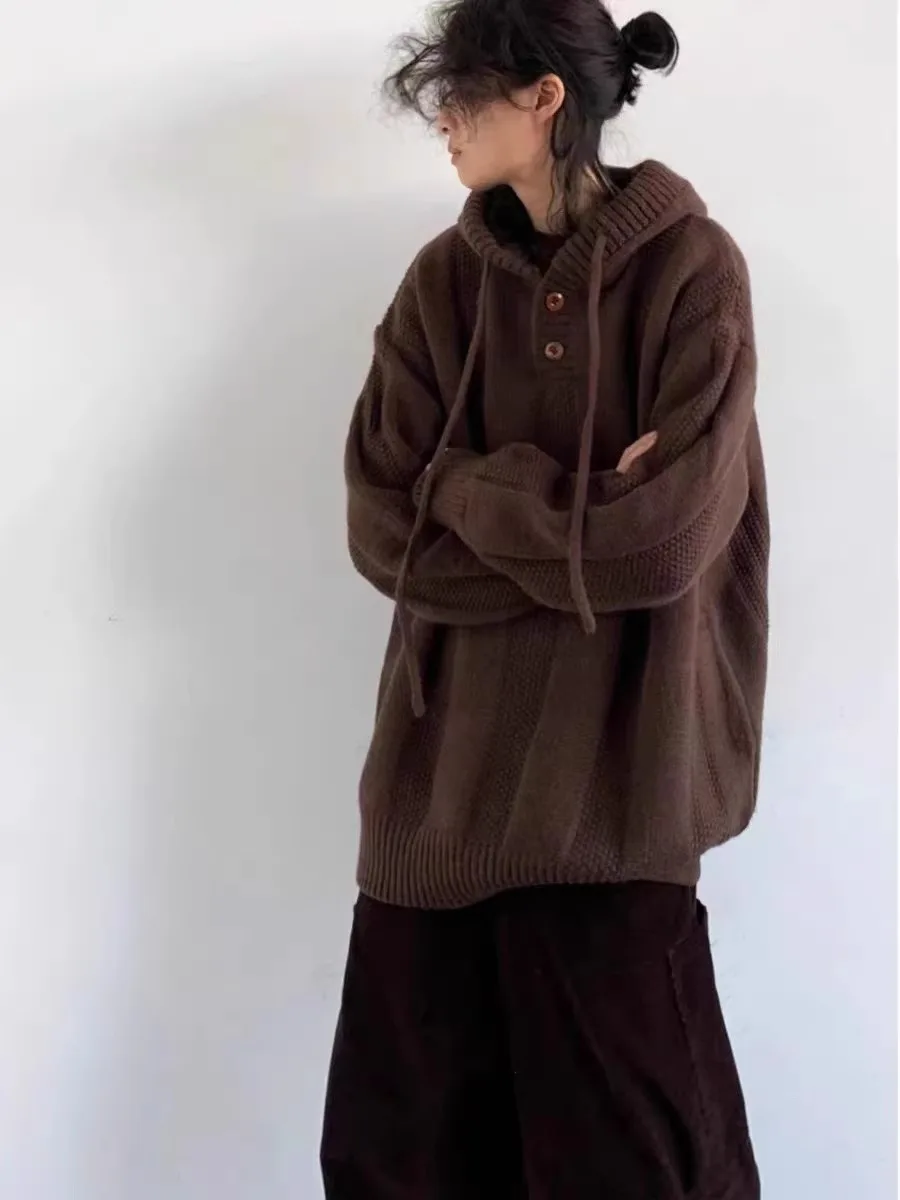 

Autumn Winter Japanese Retro Color M Fem Loose Lazy Sle Couple Knitted Sweater Coat Hoodie Casual Long Sve