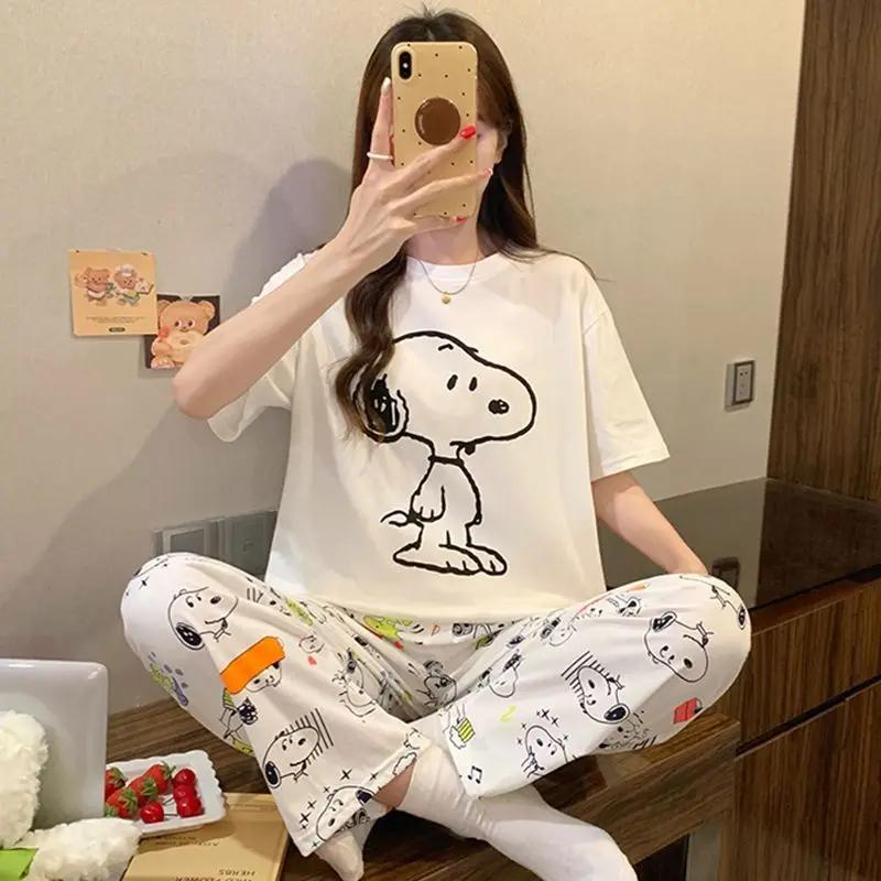 Anime 2026 New Snoopy Pajama Set for Women Cute Cartoon Print Short Sleeved T-Shirt+Shorts Pajama Fashion Casual Girls Home Wear