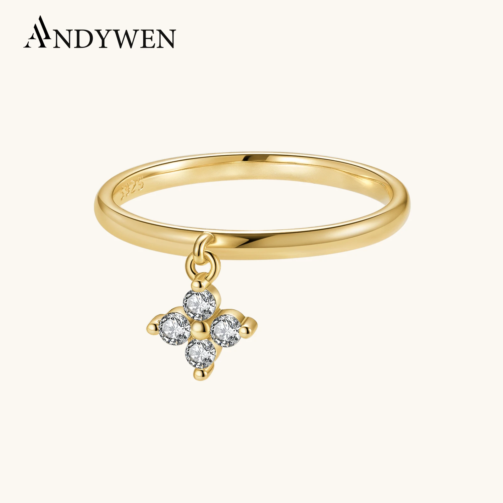 

ANDYWEN стерлингового серебра 925 пробы, нежное движущееся четырехлистное кольцо с цирконом CZ, минималистичный шарм на удачу, повседневные женские ювелирные изделия, подарок