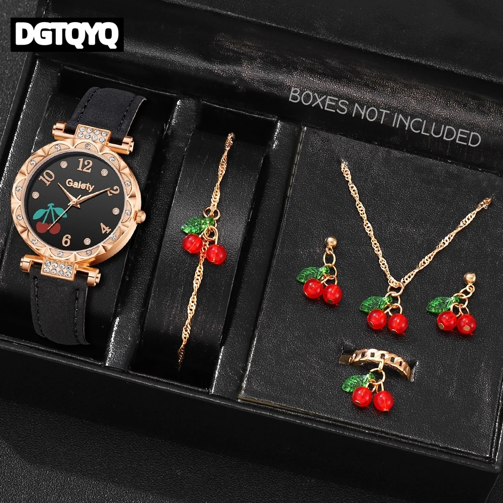 6PCS/Set Red Women's Watch With Minimalist Elements Dial Quartz Watch Latex Strap Cherry Elements Jewelry Set Gift reloj mujer