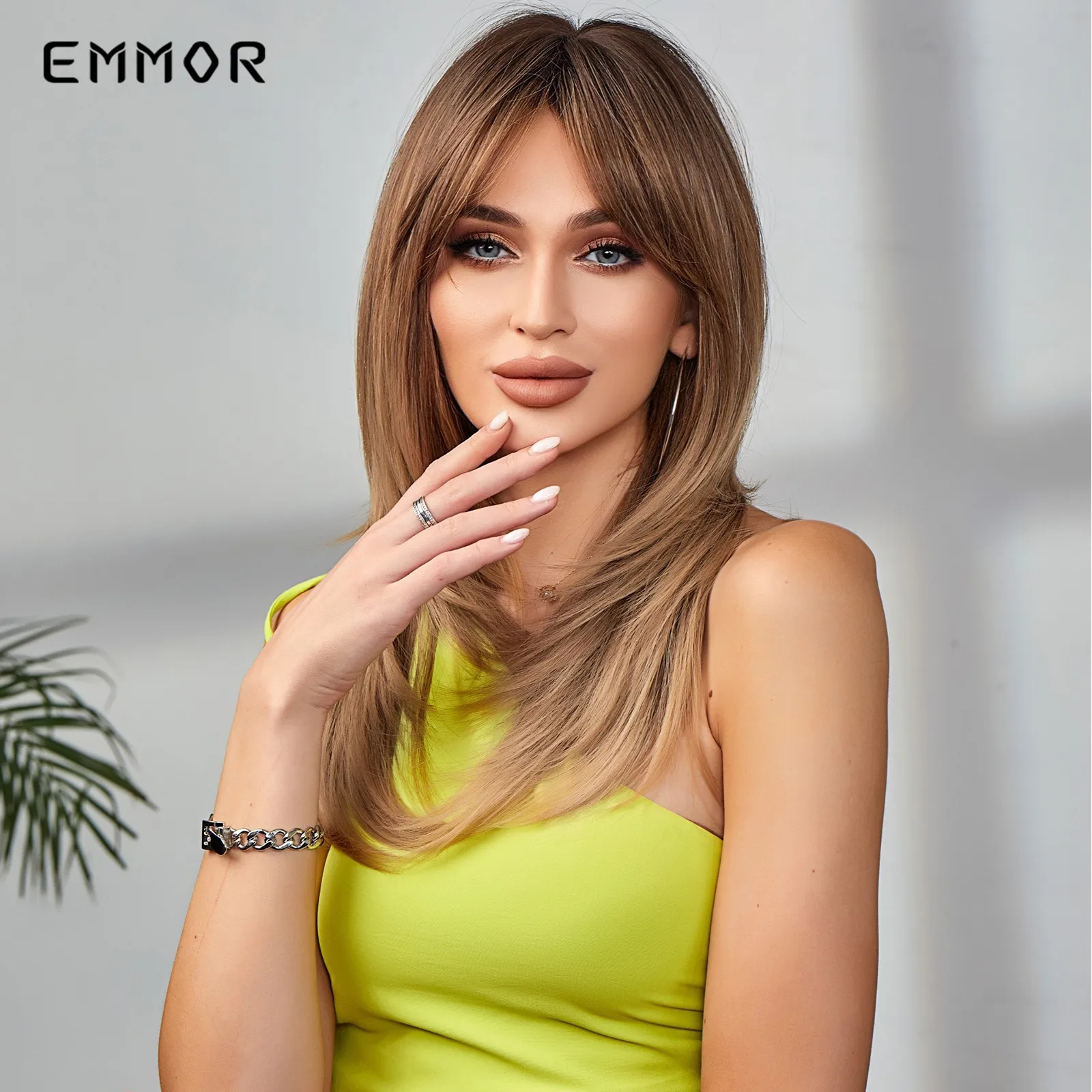 Emmor Synthetic Ombre Black to Blonde Wig With Bangs Hair Wigs Cosplay Natural Heat Resistant Wig for Women Daily Hair Wig