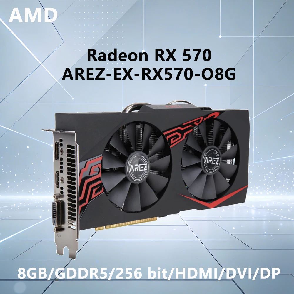 Tarjeta gráfica AMD RX 570 8GB GDDR5 256 bit GPU AREZ EX RX570 O8G PCI-E 3.0 HDMI DVI DP para computadora de escritorio, oficina o juegos.