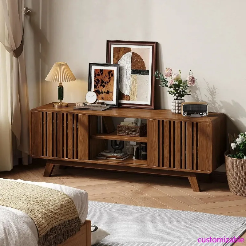 63-Inch TV Stand for TVs up to 75 Inch, Entertainment Center & Sliding Grille Door Cabinets and Open Shelves for Living Room