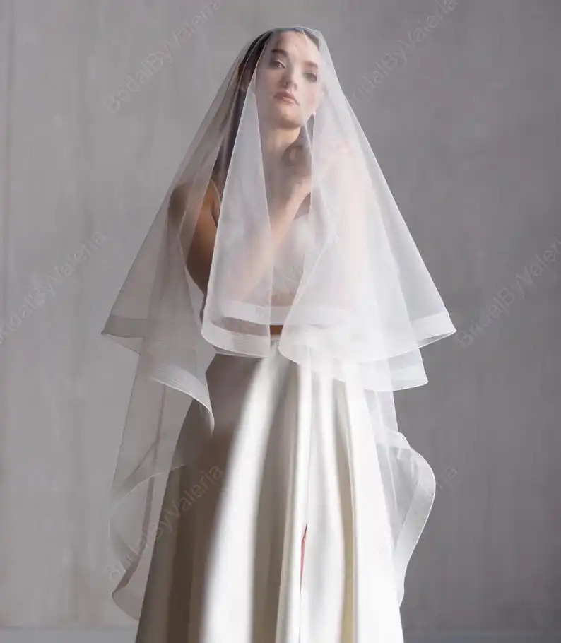 White Ivory 120cm-150cm Accept Customized Double Tier Horsehair Bridal Veil Crinoline Wedding Veil with Blusher