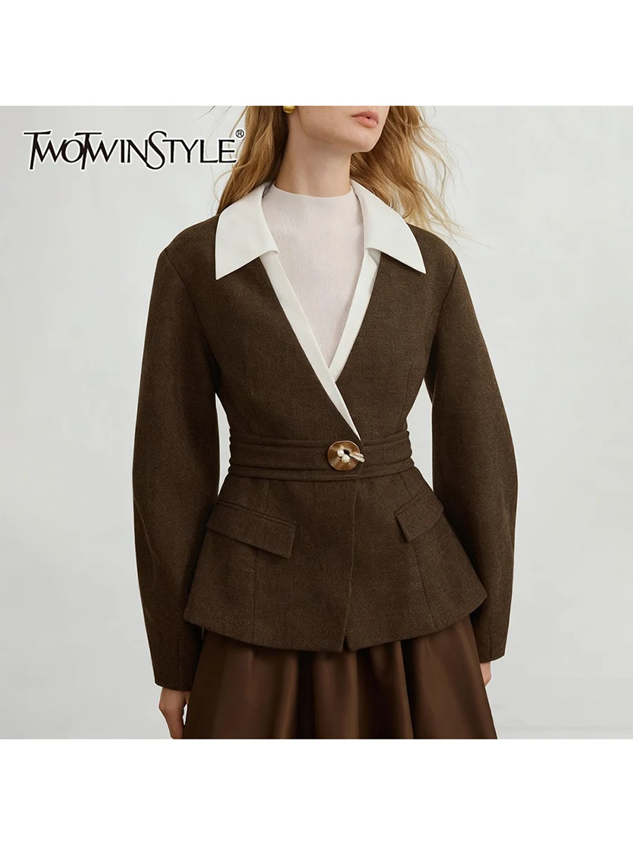 

TWOTWINSTYLE Hit Color Spliced Metal Button Vintage Blazers for Women Lapel Long Sleeves Tunic Temperament Blazer Female Fashion