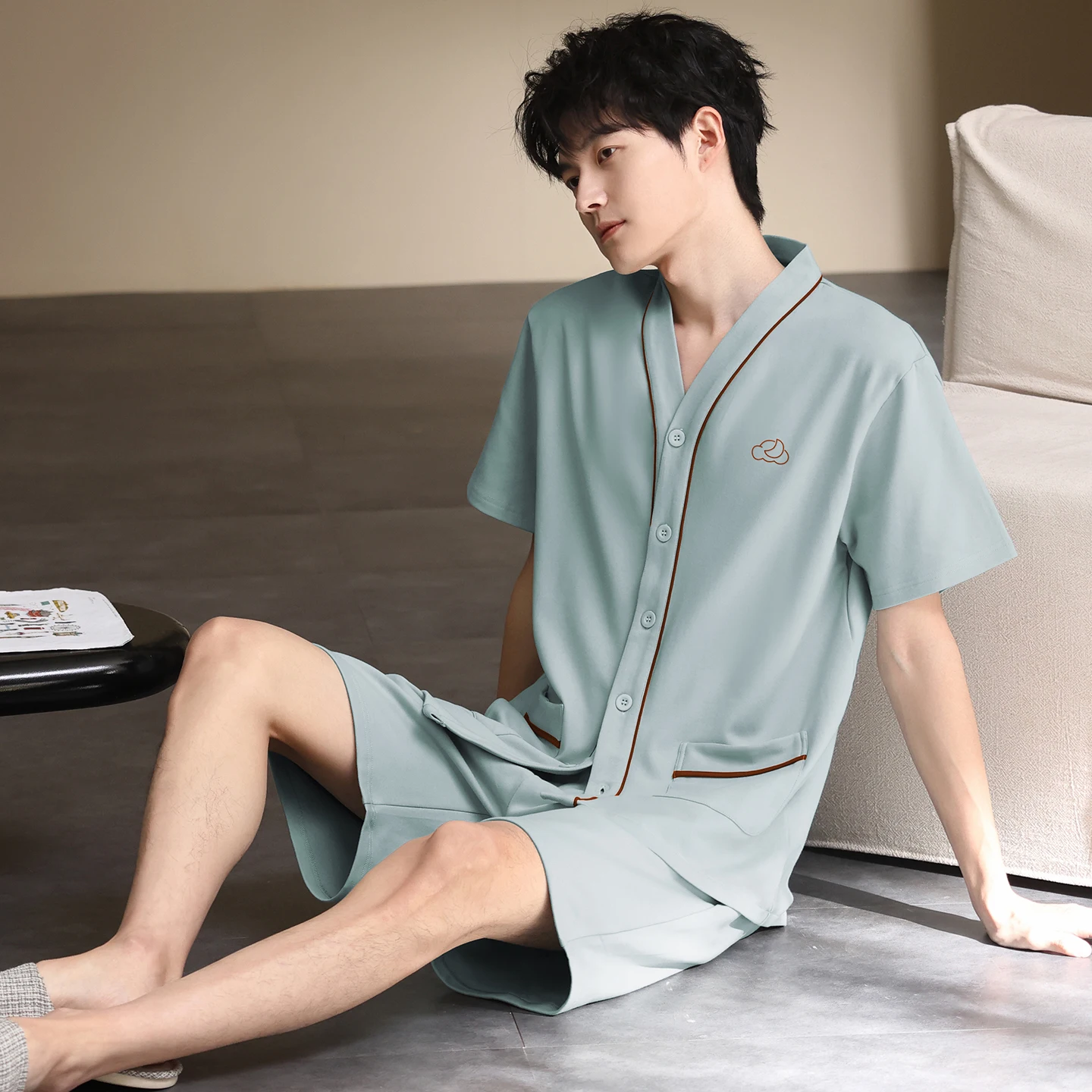 Summer Men's Full Cotton Pajamas Kimono Sleepwear Cardigan Pajama Sets Casual Sleep&Lounge Pyjamas Short Sleeve Shorts Pijamas