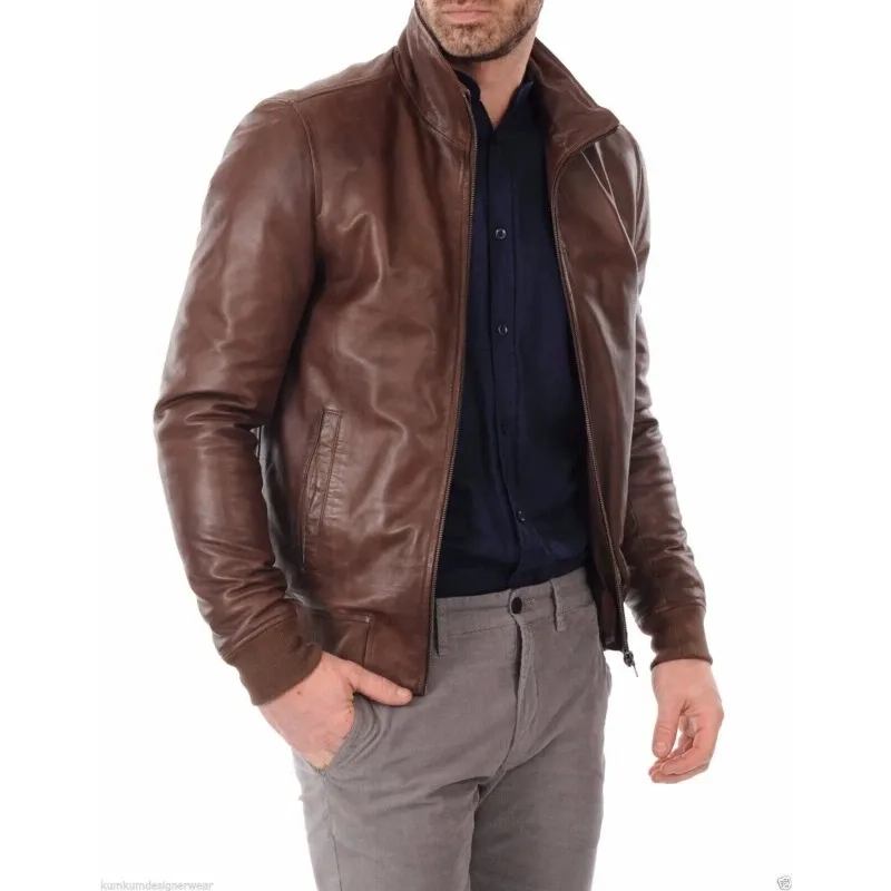 

Men's Zipper Front Real Lambskin Stylish Leather Jacket Brown Bomber Style