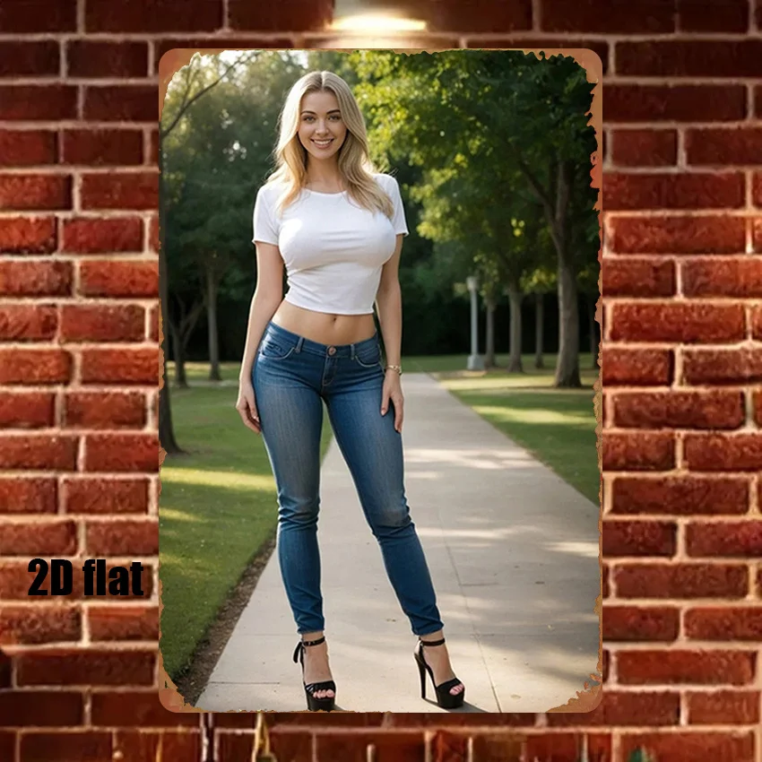 Vintage 2D Flat Blonde Woman in White Crop Top & Blue Skinny Jeans Tin Sign - Retro Park Path Portrait Metal Wall Art Decor for