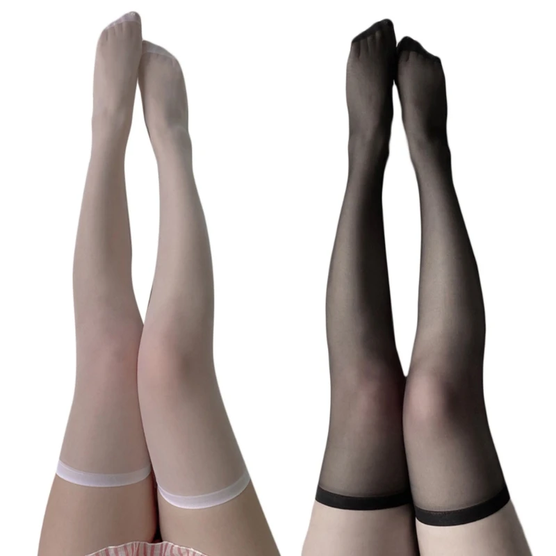 

Women Silky Thigh High Stockings Transparent Ribbed Top Over Knee Socks
