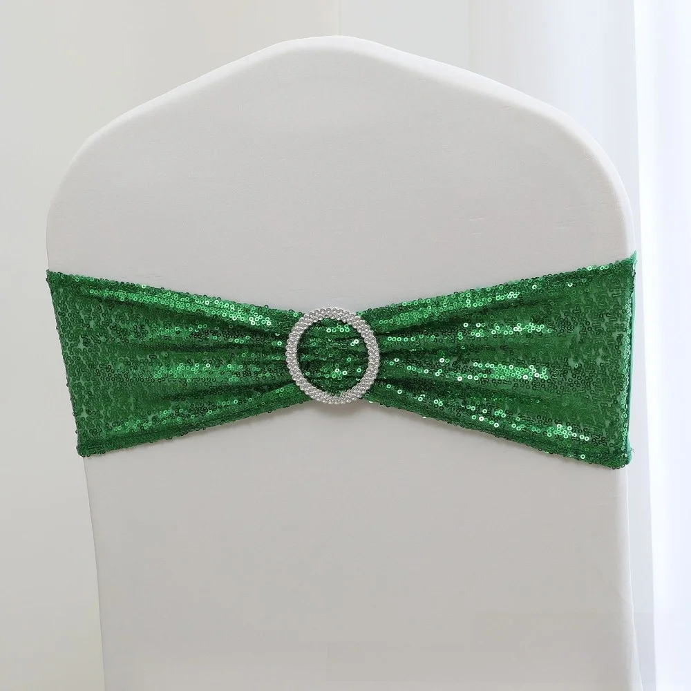 1PC Rhinestone Ring Buckle Sequin Chair Sash Stretch Elastic No-Tie Design Stretch Chair Cover Sequin Embellishment