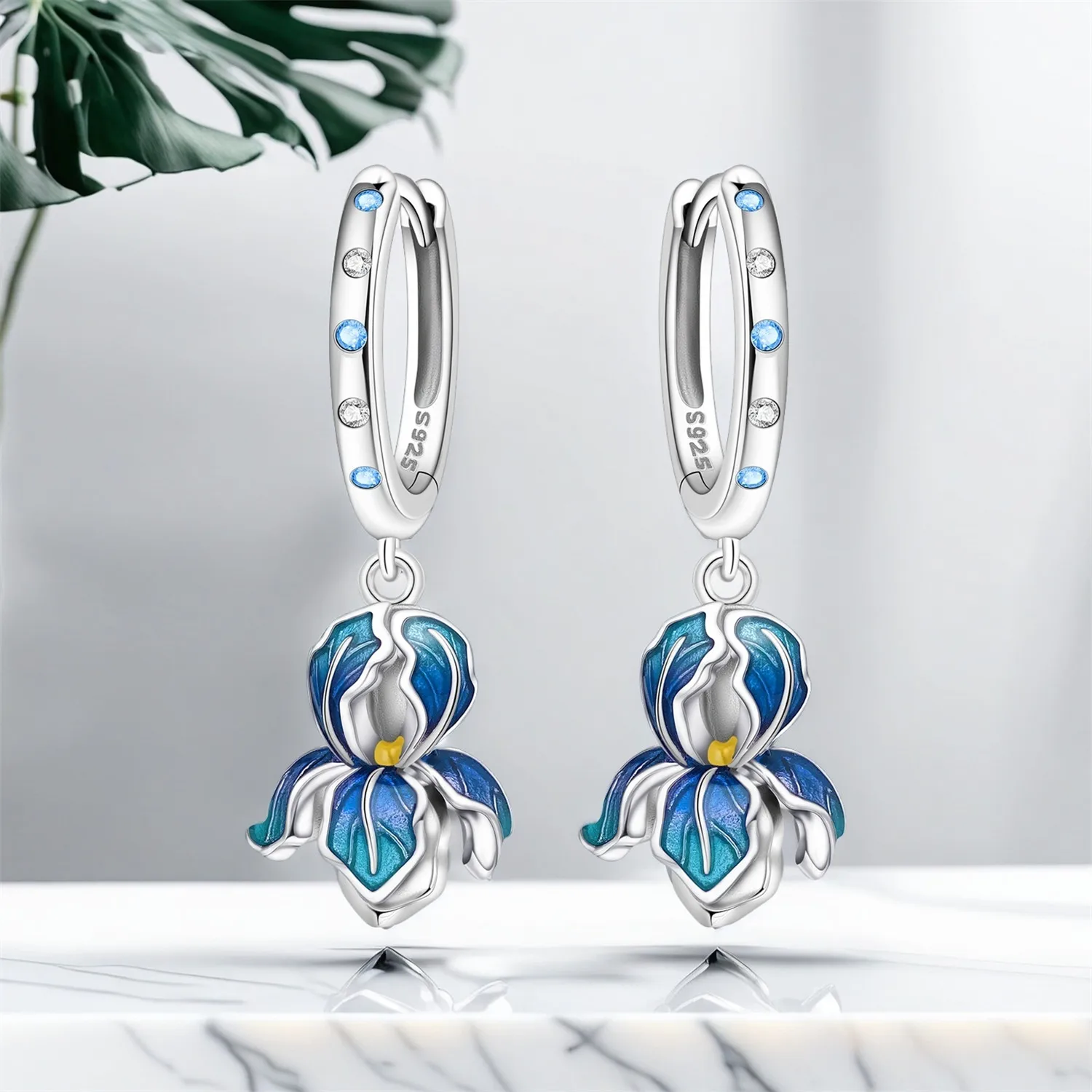 Cycuff 925 فضة الأزرق زهرة القزحية أقراط المجوهرات الأصلية انخفاض الأقراط مجوهرات هدايا المناسبات الطرفية #5