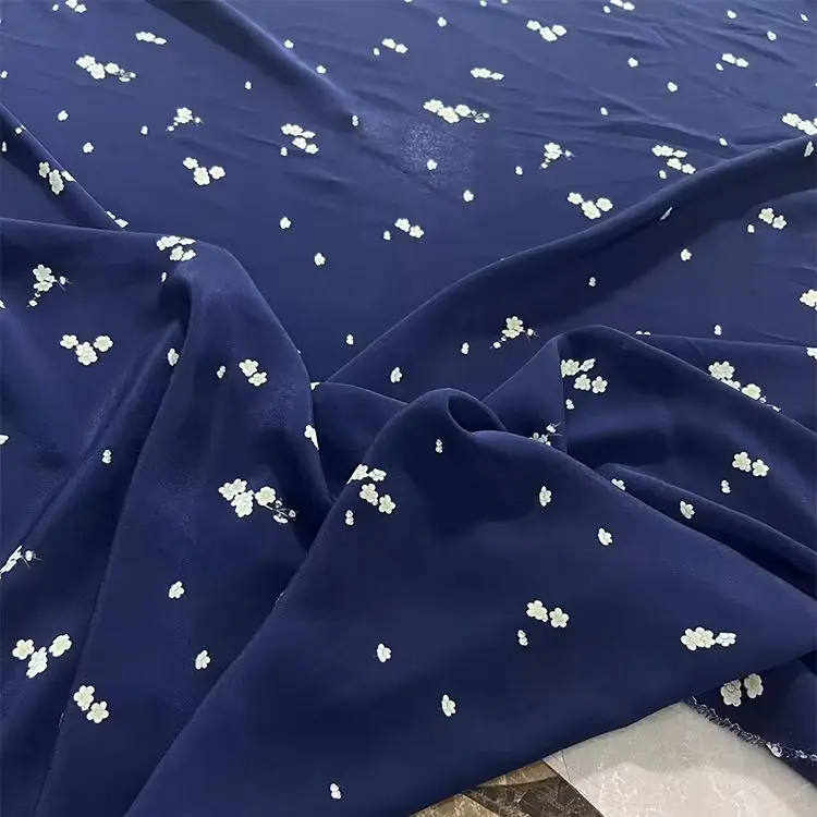 

1 meter 100% Mulberry Silk 15 momme Crepe Silk Fabric Navy Floral Printed 140cm 55" wide by the yard XX418