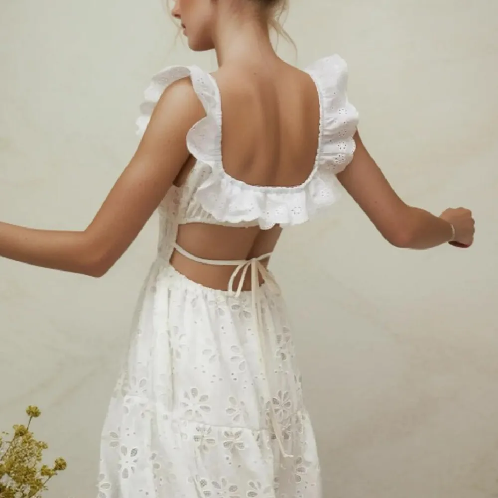 2024 BOHO Summer White Embroidery Hollow Out hole Backless Dress Women Hem Slit Ruffles Strap Sling Midi Holiday Robe Female