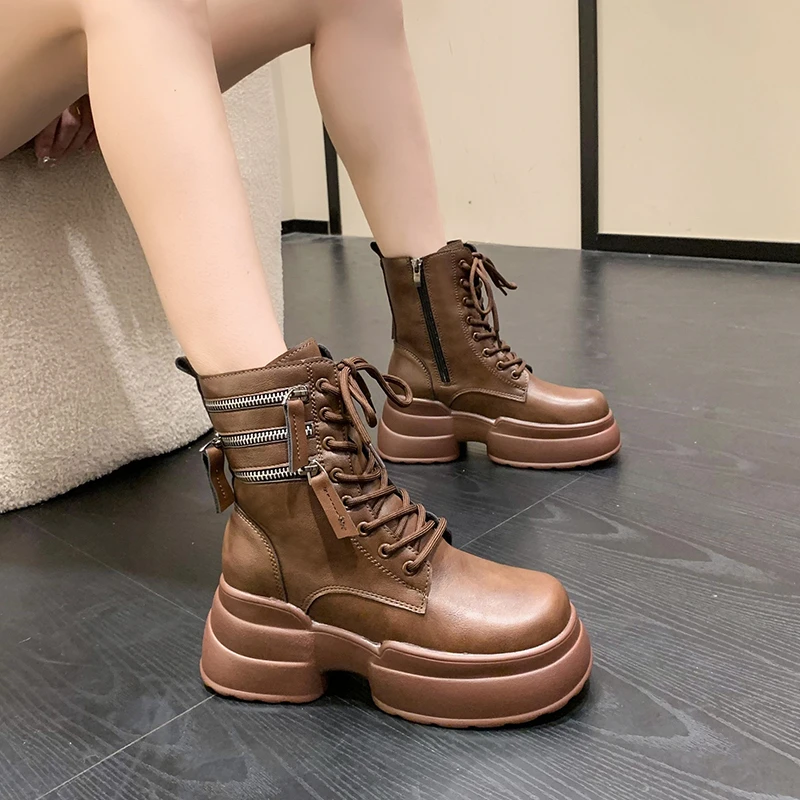 Stivaletti in pelle da donna autunno inverno piattaforma con lacci stivali da moto tacchi quadrati Sneakers con cerniera scarpe da strada con punta