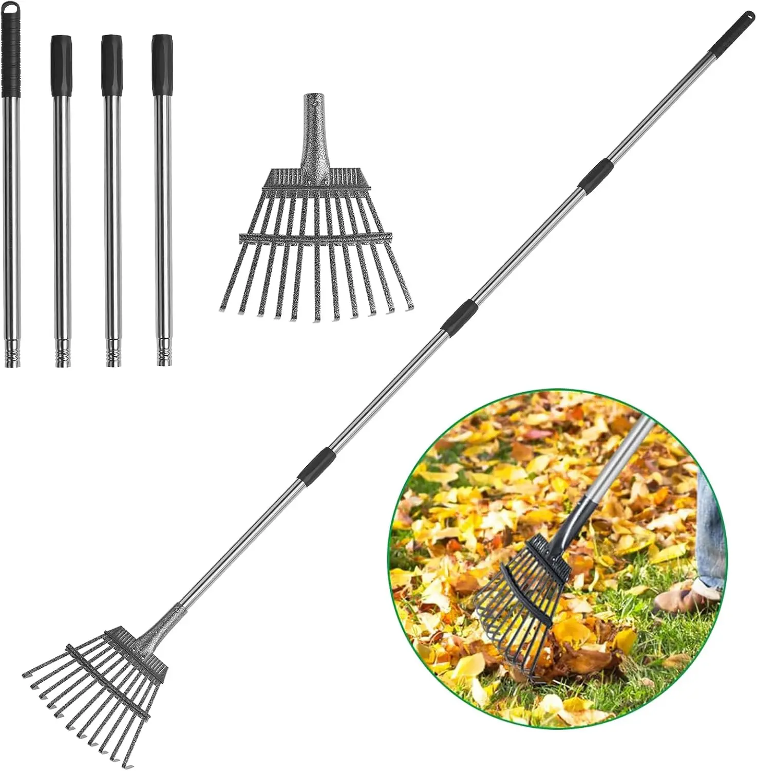 

Adjustable Leaf Rake, 8'' Wide Metal Rake for Shrub & Flower Bed, 29''-72'' Expandable Stainless Steel Handle, Easy to Assemble