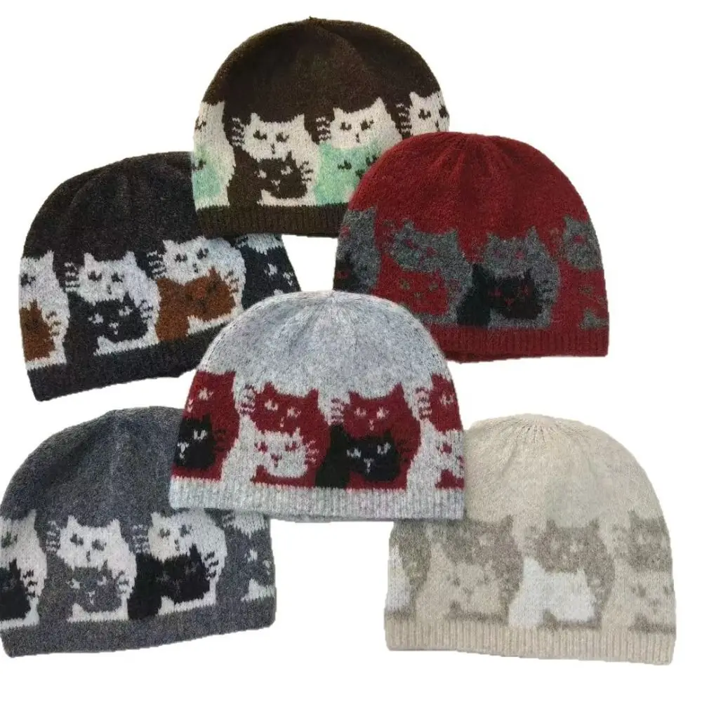 Retro Warme Jacquard-Katzen-Strickmütze mit Fair-Isle-Muster, Retro-Vintage-Druck, Strickmütze für den Herbst – Detail 3