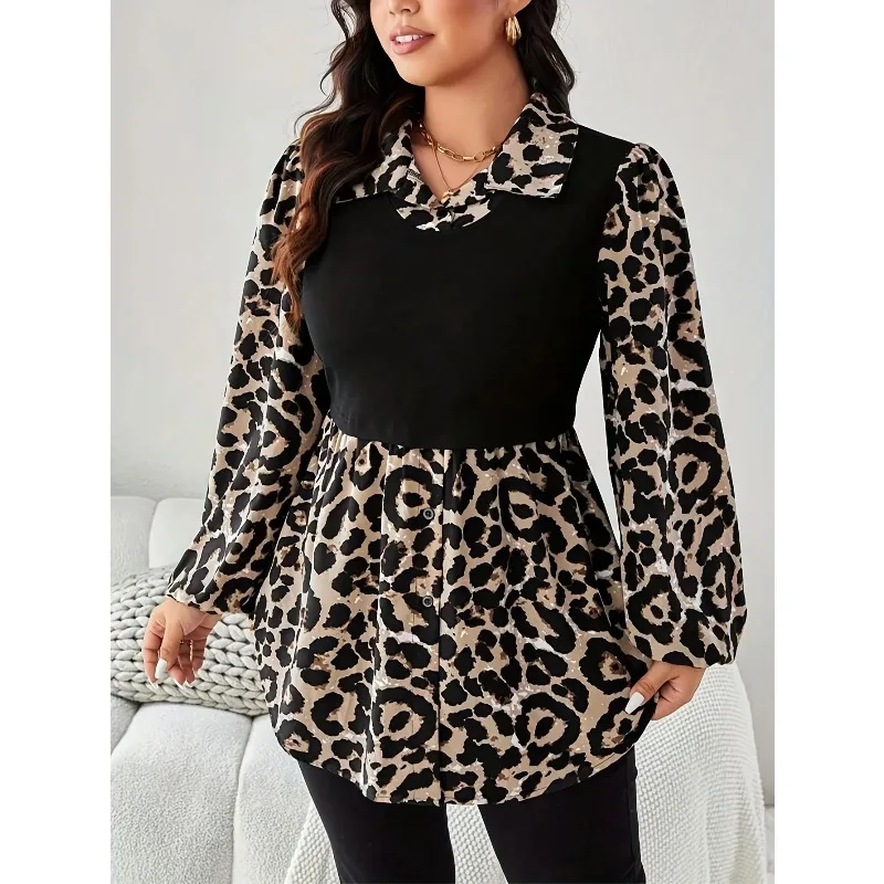 

Plus Size 1XL-5XL New Women's Fashion Leopard Print Long Sleeved Shirt Women Casual Button-Up Shirt