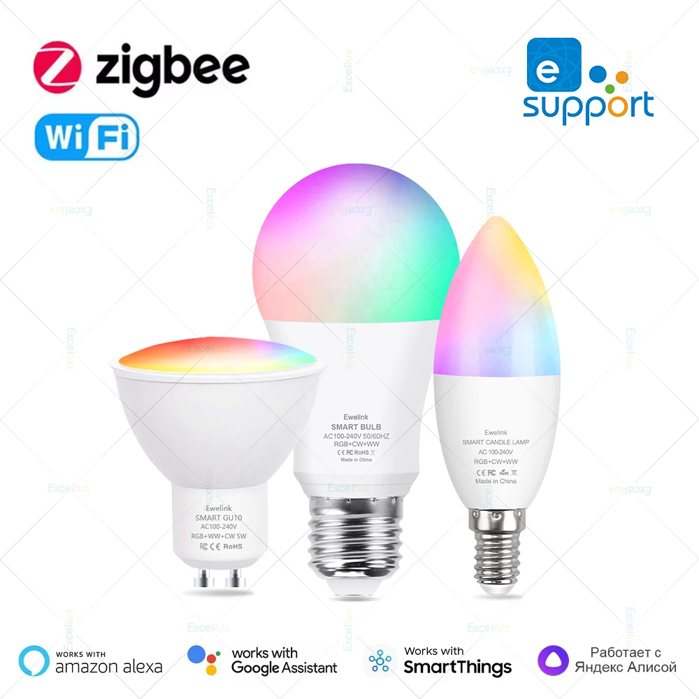 EWelink E27 E14 GU10 Żarówka WiFi Zigbee, ściemnialne lampy LED 3000-6500k RGB, żarówki LED, lampa świecowa Spot Light Voice z Alexa