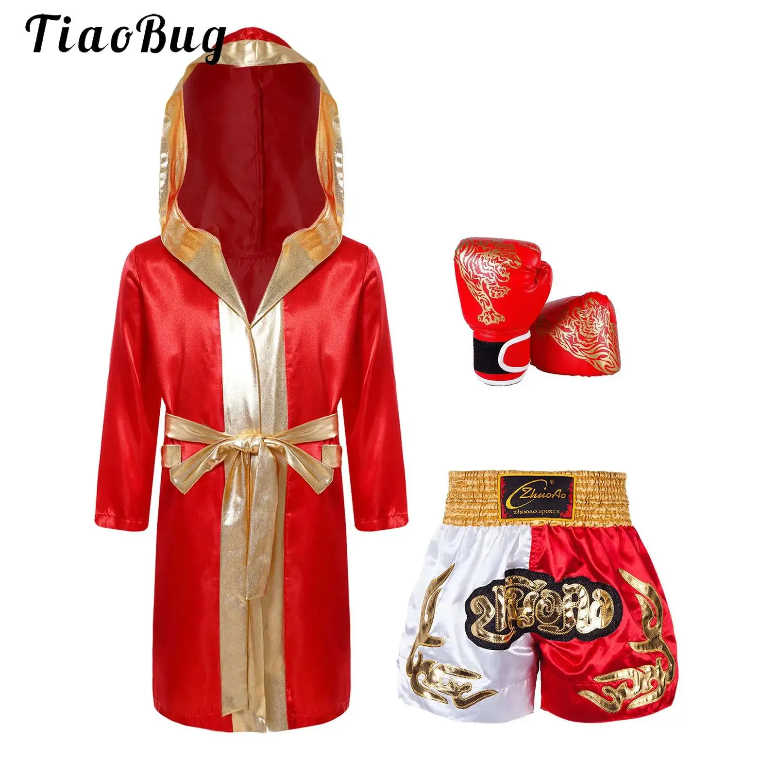 Kids Boys 3Pcs Boxing Cosplay Costume Satin Hooded Boxing Robes with MMA Shorts Sparring Gloves Set