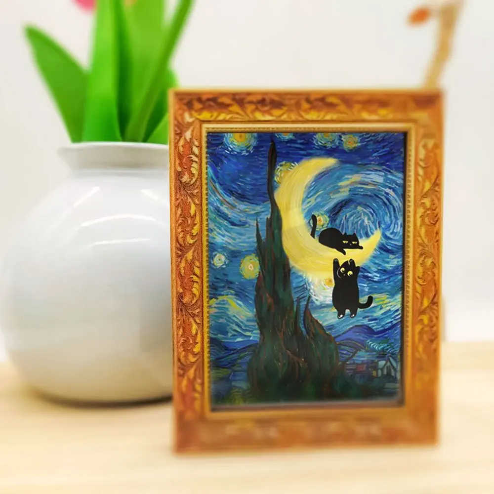 Vintage-Kühlschrankmagnet mit Rahmen, Sternennacht, schwarze Katze auf dem Mond, Kunstdeko für Küche und Kühlschrank, Geschenk für Katzenliebhaber