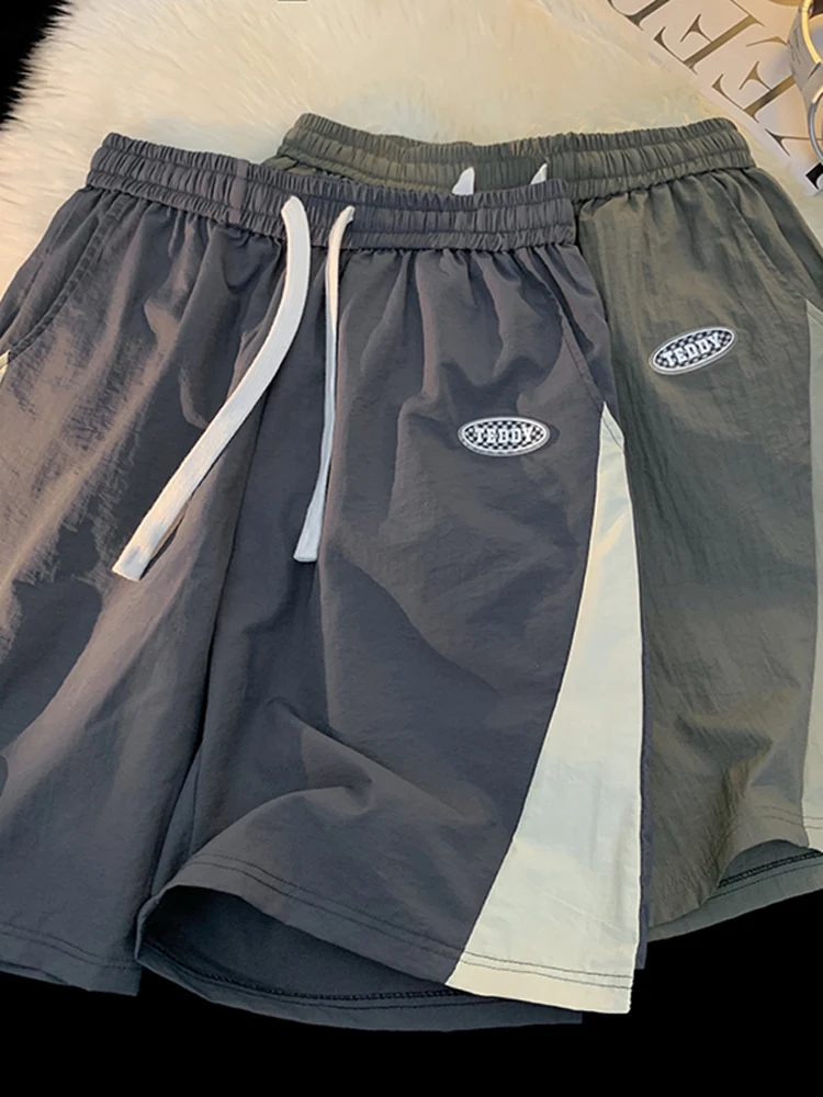 

American High Street Men's Color Block Ice Silk Sport Shorts Quick Dry Five-Point Workwear Casual Pants Summer Youth Fashion