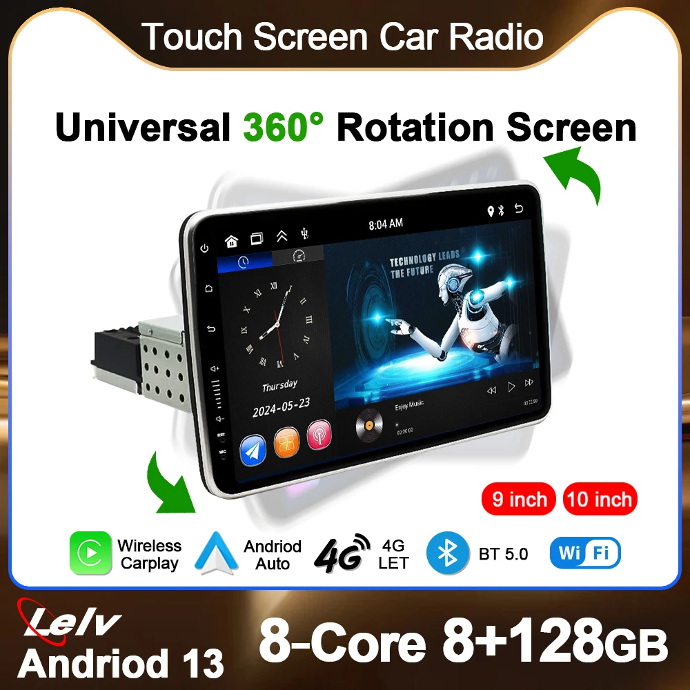 

LELV 9" 10“ Car Radio For Universal Car Multimedia Player Stereo 360 Rotatable 1DIN Video Carplay Head Unit 4G BT WiFi Navi DSP
