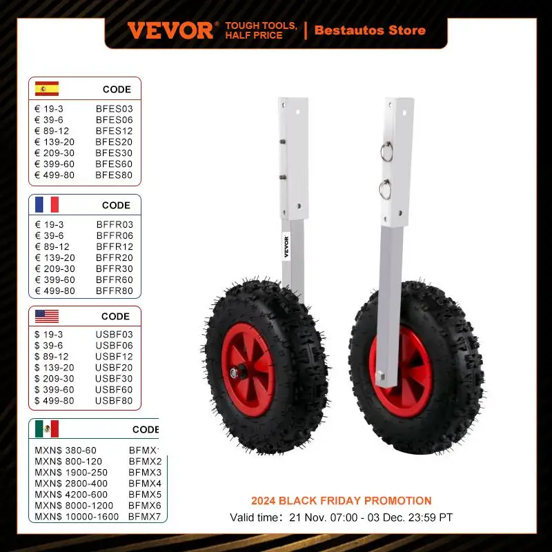 VEVOR 2Pcs Inflatable Boat Launching Wheel 272 KG Weight Load Capacity Aluminum Frame 32CM Diameter Rubber Tire Ship Moving Tool