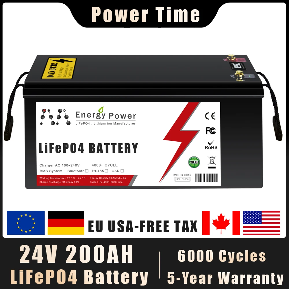 

24 В LiFePO4 Аккумулятор 100 Ач 200 Ач Встроенный BMS 6000+ циклов Литий-железо-фосфатный аккумулятор для гольф-кара на колесах Солнечное хранилище Открытый кемпинг