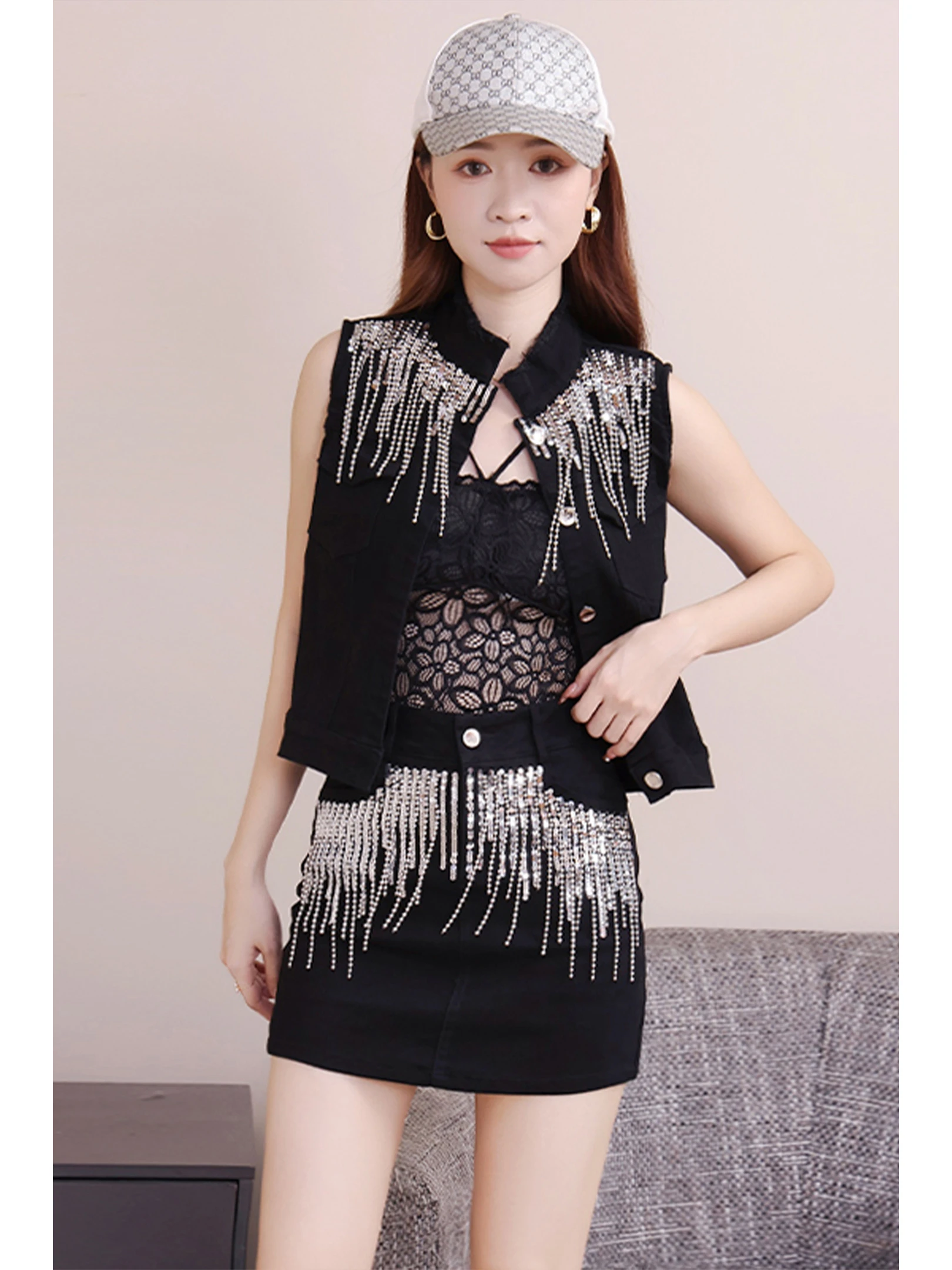 

Fashionable Sequin Tassel Vest Set Women's Short High Waist Slimming Spring Summer New Korean Style Two-Piece Suit Breathable...
