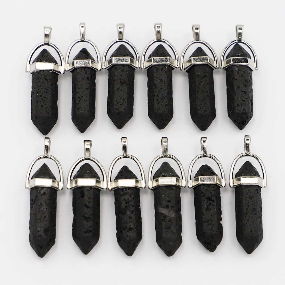 Fashion Natural Volcanic Stone Hexagonal Pillar Point Pendants Crystal Accessories Necklace Shape Jewelry Making 24PCS Wholesale