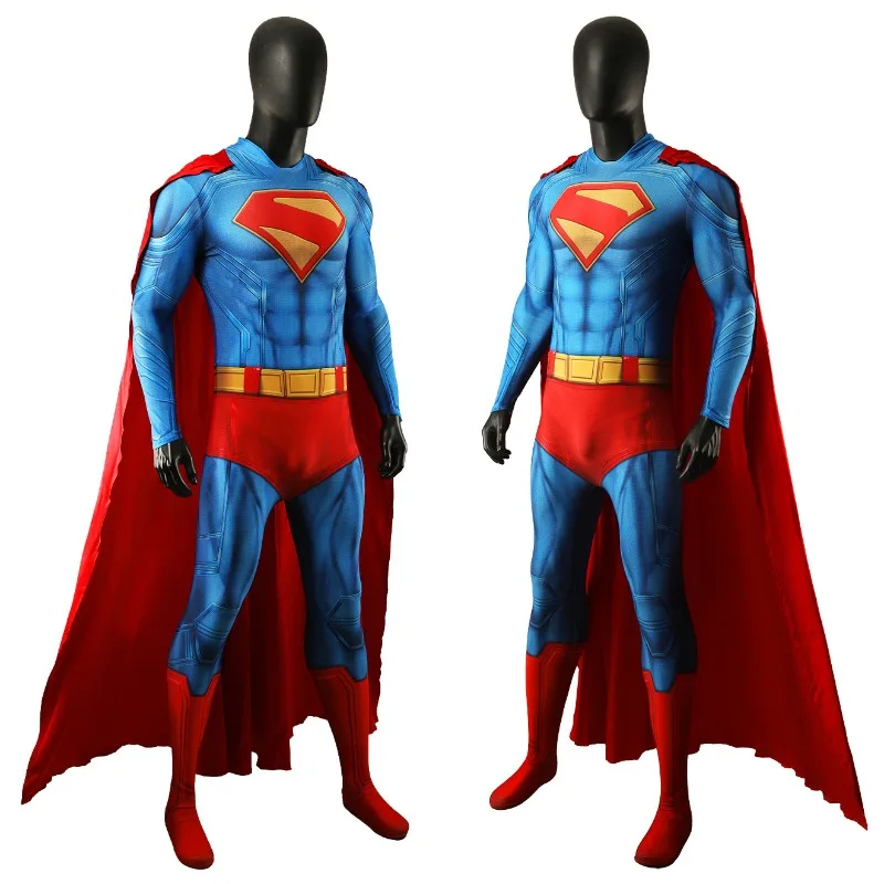 Nuovo Costume Cosplay Superman, Tuta Blu Stampata in 3D con Mantello Rosso per Uomo, Outfit da Supereroe per Halloween e Comic Con