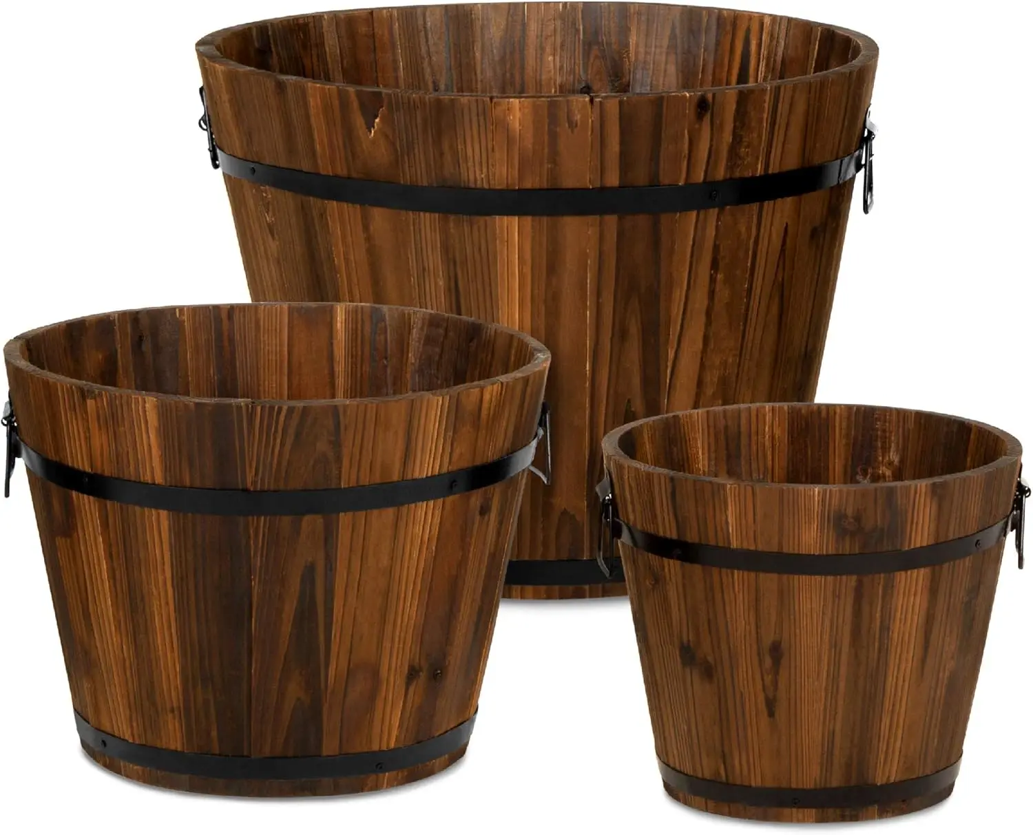 

3 Wooden Bucket Barrel Garden Planters Set Rustic Decorative Flower Beds for Plants, Veggies w/Drainage Holes, Multiple Sizes,