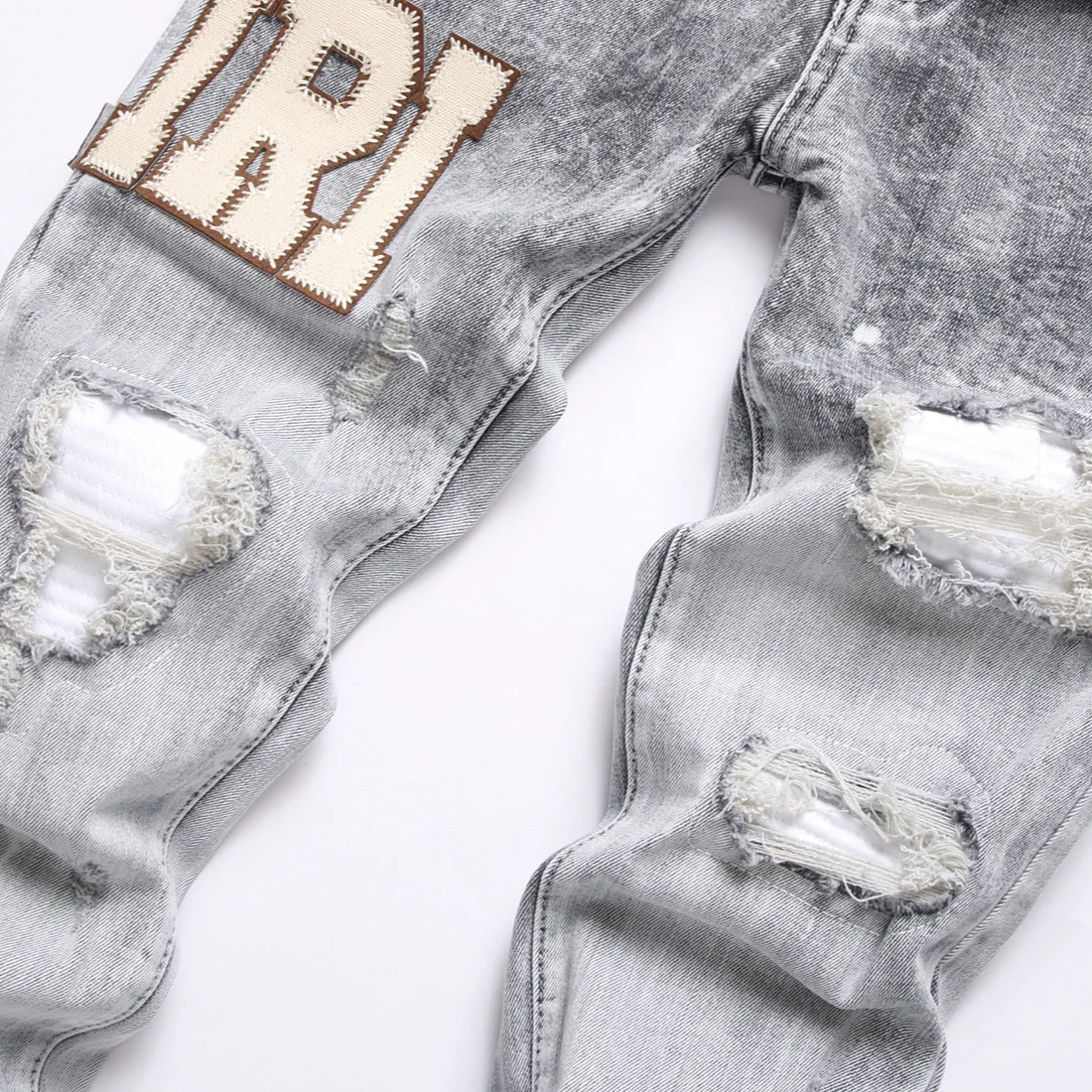 Hand Embroidered Jeans Men Gradient color Pattern Personality Cotton High Elastic Slim Trousers 3D High Street Wash Hole Skull