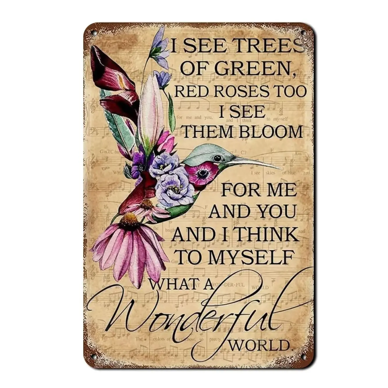 Hummingbird Metal Tin Sign,Garden Decor-What A Wonderful World-Retro Vintage Bird Wall Decor for Home Bedroom Bar Cafe Farm Gard