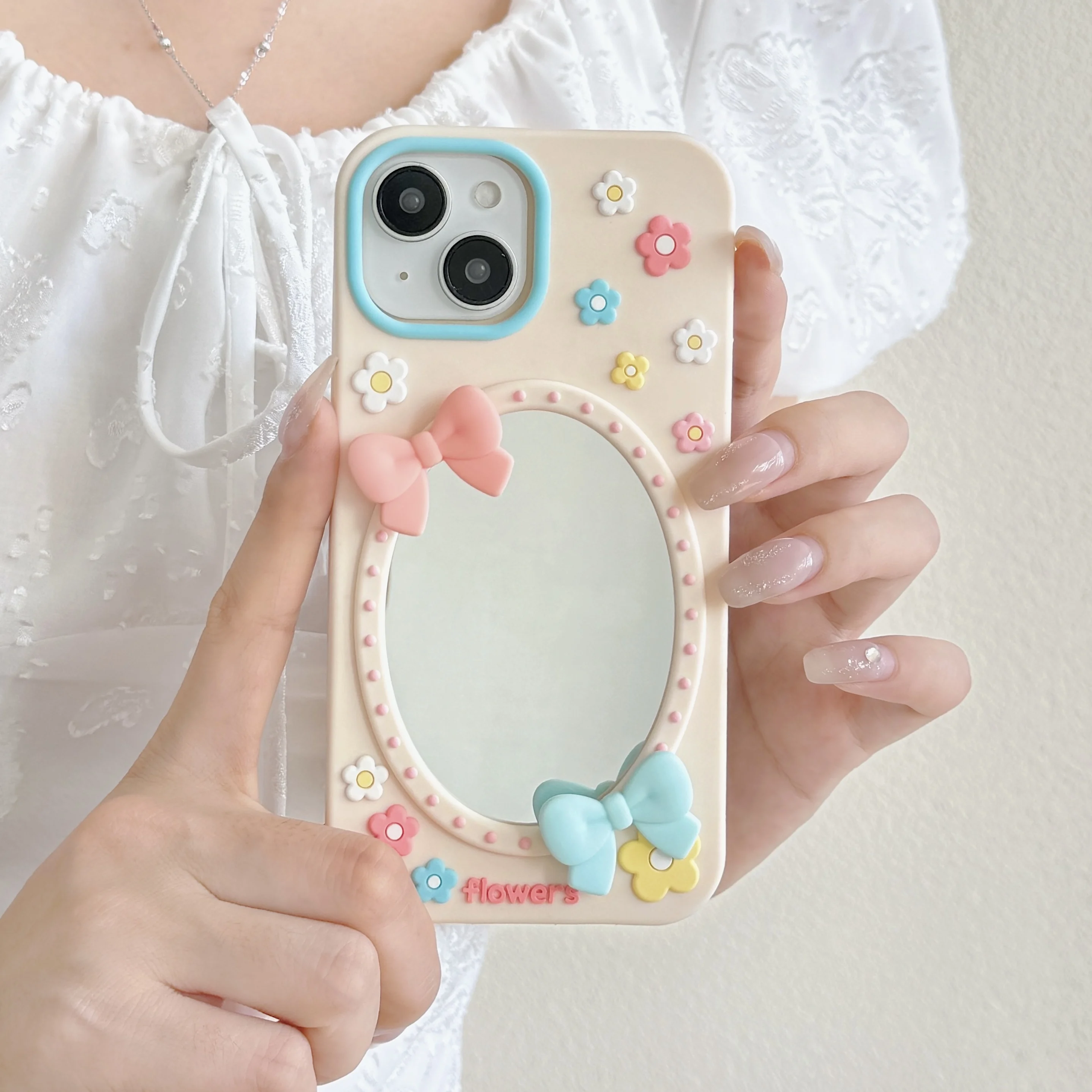3D Cartoon Bowknot Makeup Mirror Flower Phone Case For Samsung Galaxy S25 FE S26 Ultra S24 FE S23 S22 Ultra Soft Silicone Cover