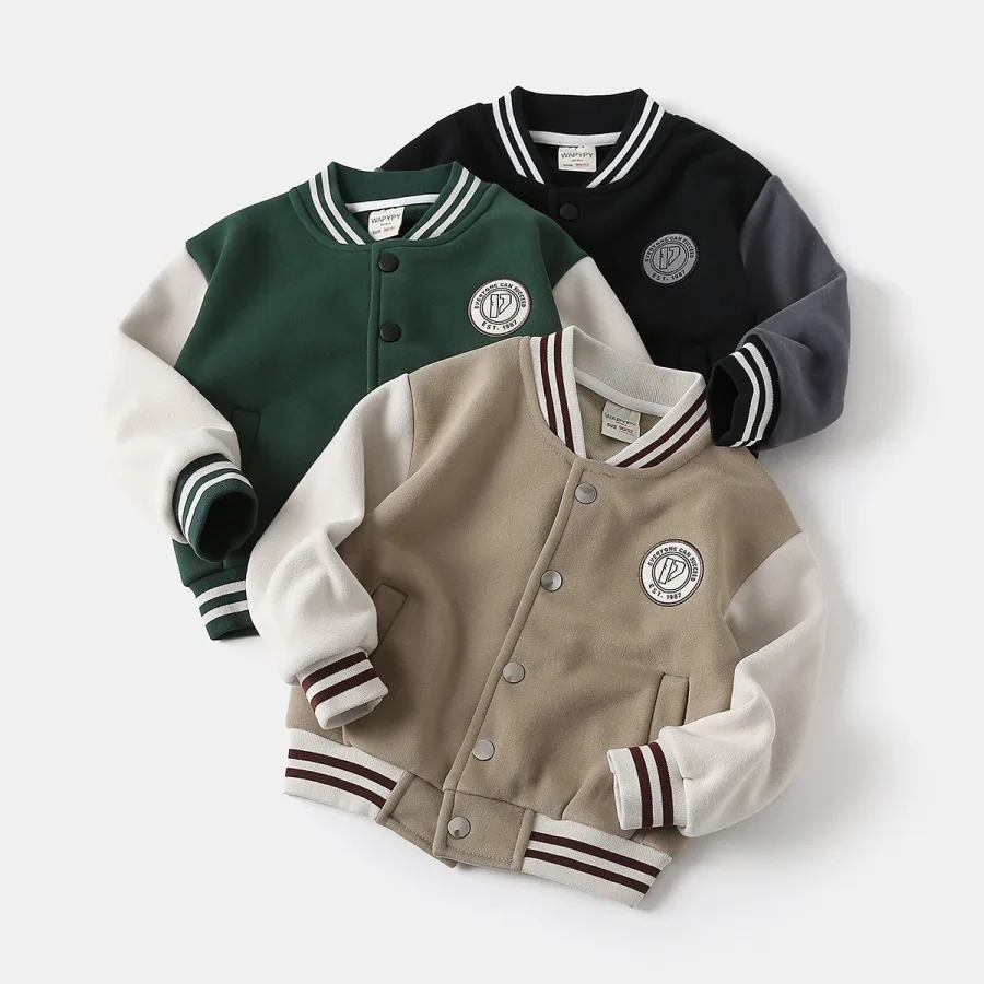 New 2026 Kids Chest Patch Badge Baseball Jacket Autumn Boys Raglan Sleeve V-neck Snap Button Casual Coat Children's Outerwear