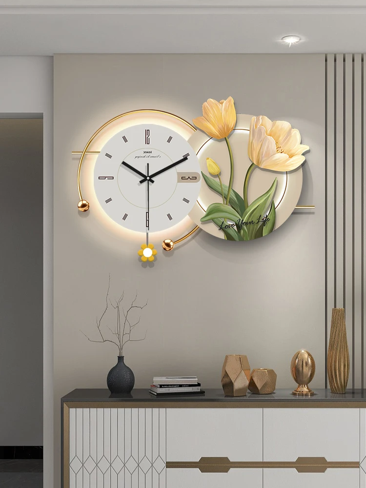 Light luxury wall clock modern minimalist living room clock fashion creative restaurant flower decoration hanging painting clock