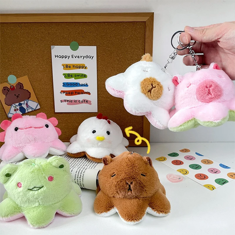 Cartoon Capybara Plush Doll Keychain Cute Stuffed Animal Octopus Plush Toy That Can Be Flipped Kid Key Ring Gift